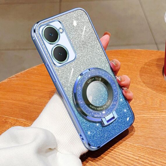 Per vivo Y18 Custodia per telefono in TPU con supporto rotondo glitterato sfumato placcato (blu Sierra)