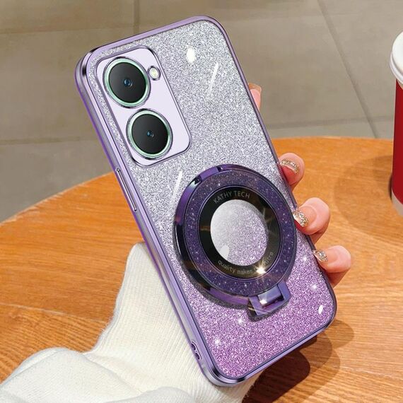 Per vivo Y03 Custodia per telefono in TPU con supporto rotondo glitterato sfumato placcato (viola)