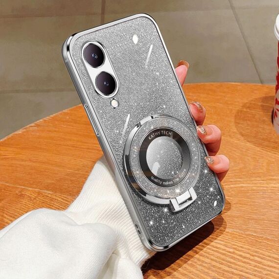 Per vivo Y17s Custodia per telefono in TPU con supporto rotondo glitterato sfumato placcato (argento)