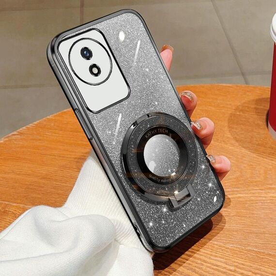 Per vivo Y02 / Y11 2023 Custodia per telefono in TPU con supporto rotondo glitterato sfumato placcato (nero)