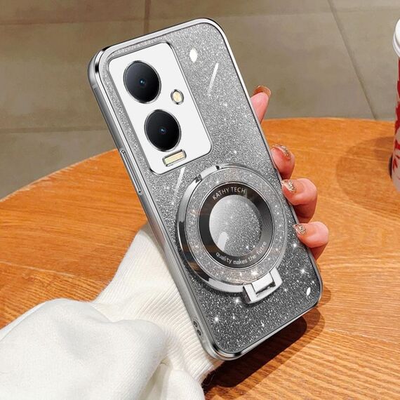 Per vivo Y78+ Custodia per telefono in TPU con supporto rotondo glitterato sfumato placcato (argento)