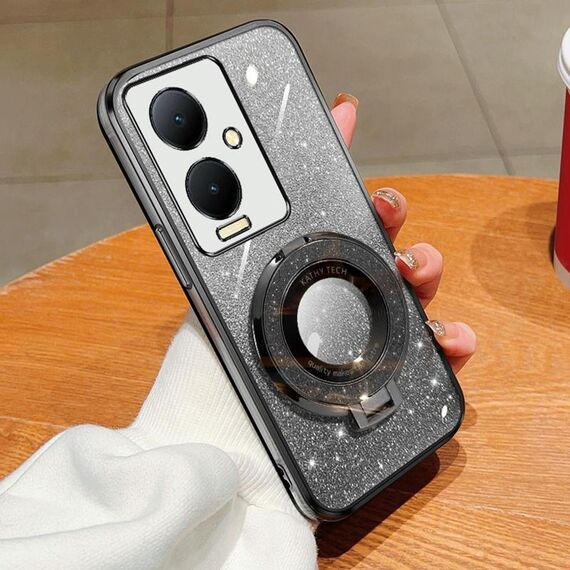 Per vivo Y78+ Custodia per telefono in TPU con supporto rotondo glitterato sfumato placcato (nero)