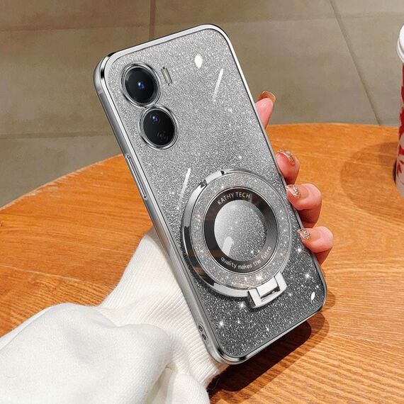 Per vivo Y16 Custodia per telefono in TPU con supporto rotondo glitterato sfumato placcato (argento)