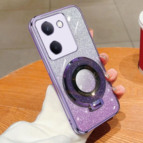 Custodia per telefono in TPU con supporto rotondo con glitter sfumato placcato per vivo Y100 5G (viola)