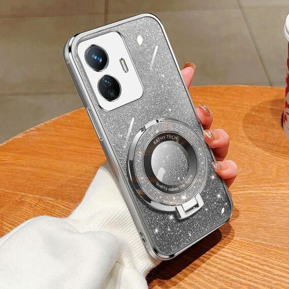 Per vivo Y77e Custodia per telefono in TPU con supporto rotondo glitterato sfumato placcato (argento)