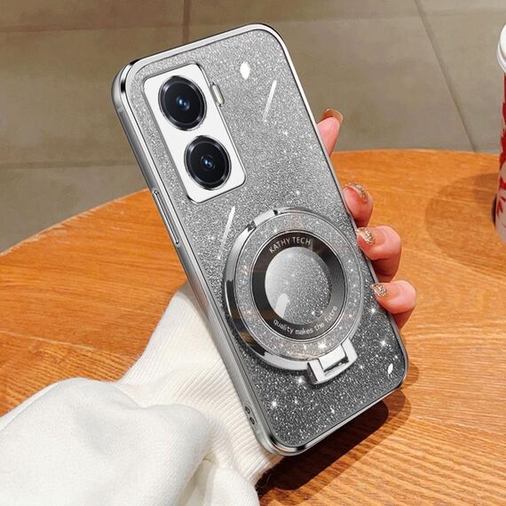 Per vivo Y77 5G Custodia per telefono in TPU con supporto rotondo glitterato sfumato placcato (argento)