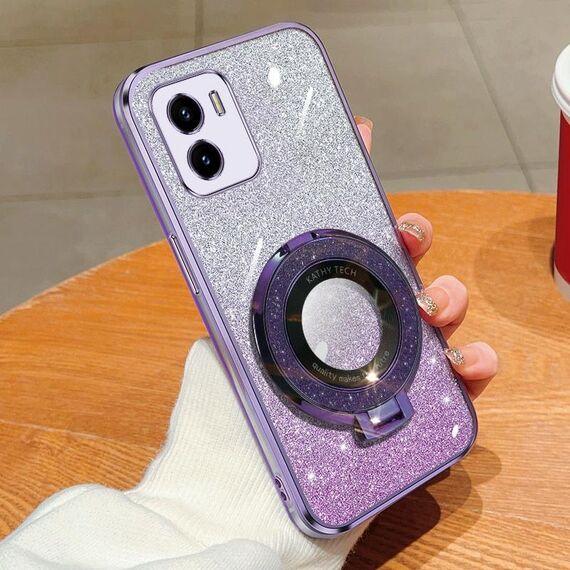Per vivo Y10 / Y15s 2021 Custodia per telefono in TPU con supporto rotondo glitterato sfumato placcato (viola)