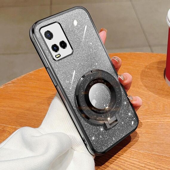 Per vivo Y21 / Y21s Custodia per telefono in TPU con supporto rotondo glitterato sfumato placcato (nero)