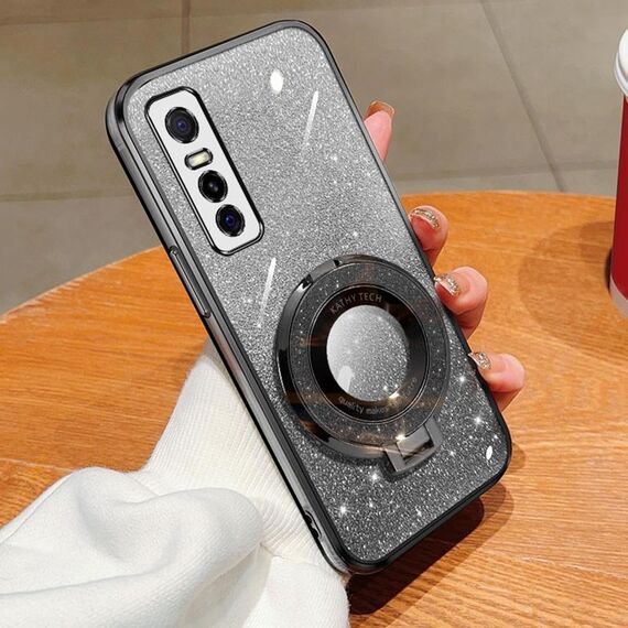 Per vivo Y73s / S7e 5G Custodia per telefono in TPU con supporto rotondo glitterato sfumato placcato (nero)
