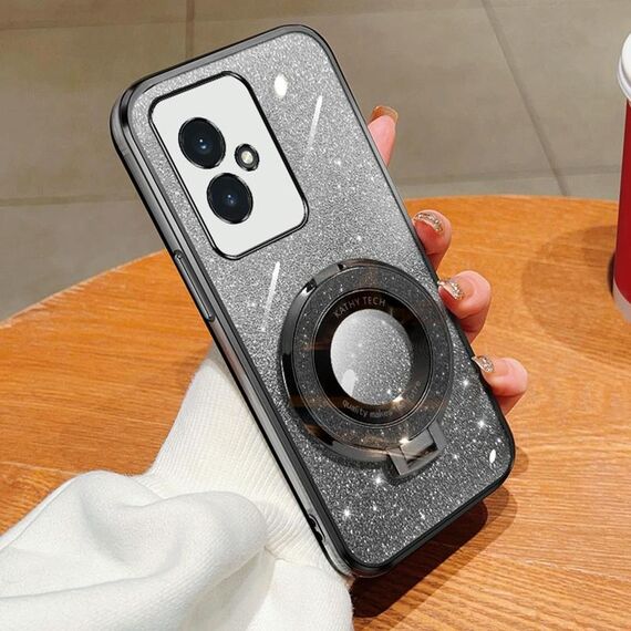 Custodia per telefono in TPU con supporto rotondo glitterato sfumato placcato per Honor 100 (nero)