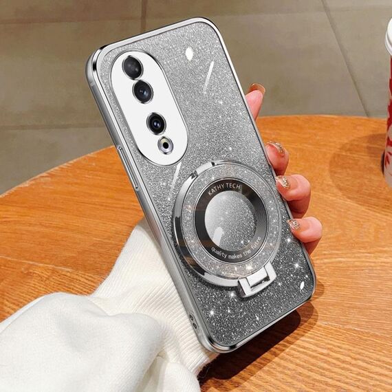 Custodia per telefono in TPU con supporto rotondo glitterato sfumato placcato per Honor 90 (argento)