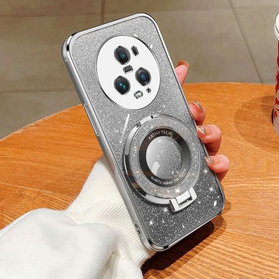 Custodia per telefono in TPU con supporto rotondo glitterato sfumato placcato per Honor Magic5 Pro (argento)