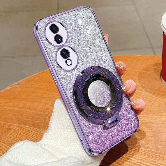 Custodia per telefono in TPU con supporto rotondo glitterato sfumato placcato per Honor 70 (viola)