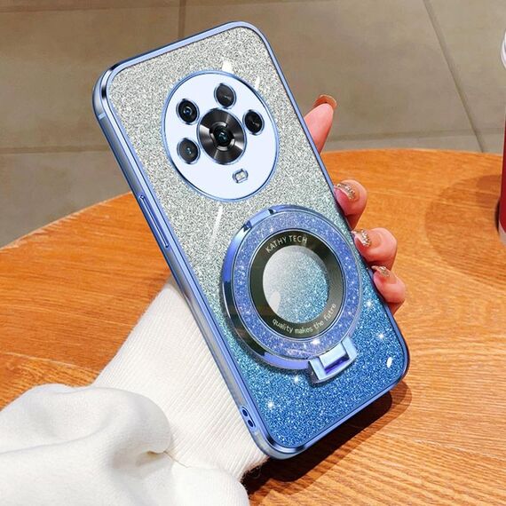 Custodia per telefono in TPU con supporto rotondo glitterato sfumato placcato per Honor Magic4 (blu Sierra)