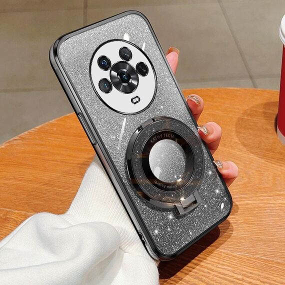Custodia per telefono in TPU con supporto rotondo glitterato sfumato placcato per Honor Magic4 (nero)