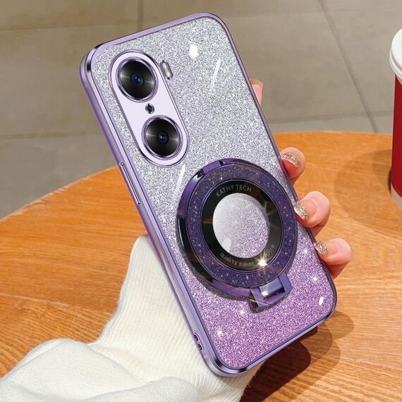 Custodia per telefono in TPU con supporto rotondo glitterato sfumato placcato per Honor 60 (viola)