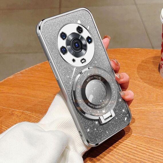 Custodia per telefono in TPU con supporto rotondo glitterato sfumato placcato per Honor Magic3 Pro (argento)
