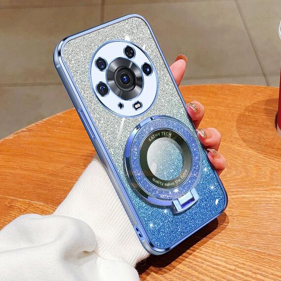 Custodia per telefono in TPU con supporto rotondo glitterato sfumato placcato per Honor Magic3 Pro (blu Sierra)