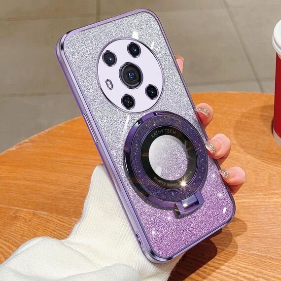 Custodia per telefono in TPU con supporto rotondo glitterato sfumato placcato per Honor Magic3 (viola)
