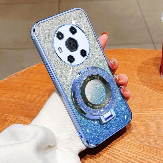 Custodia per telefono in TPU con supporto rotondo glitterato sfumato placcato per Honor Magic3 (blu Sierra)