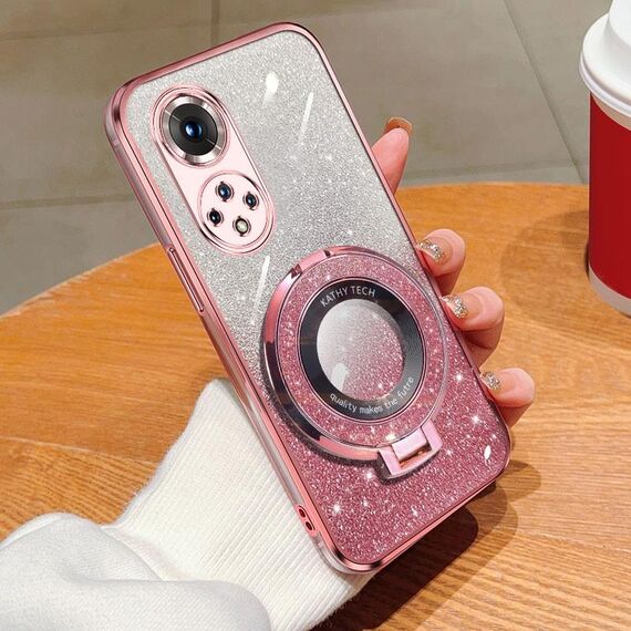 Custodia per telefono in TPU con supporto rotondo con glitter sfumato placcato per Honor 50 Pro (rosa)
