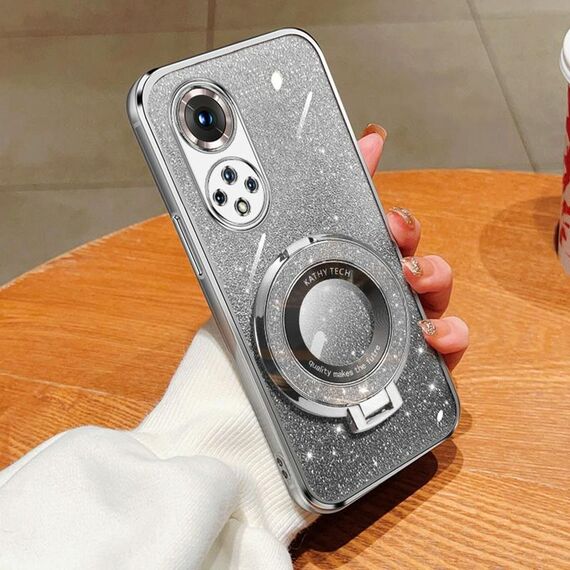 Per Honor 50 Pro Custodia per telefono in TPU con supporto rotondo glitterato sfumato placcato (argento)