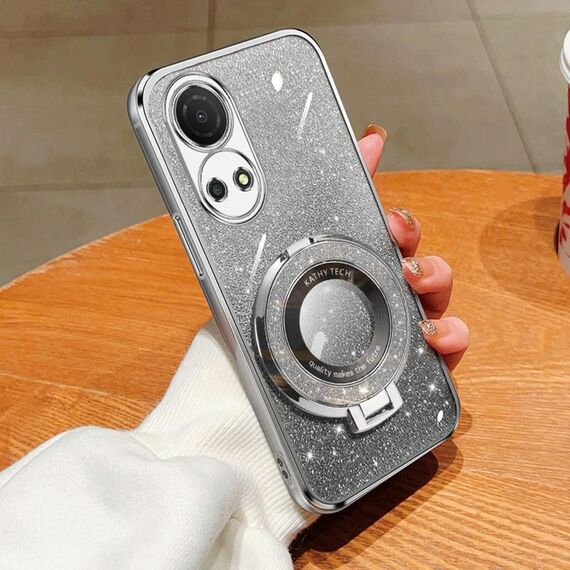 Per Honor Play 30 Plus Custodia per telefono in TPU con supporto rotondo sfumato glitterato placcato (Argento)