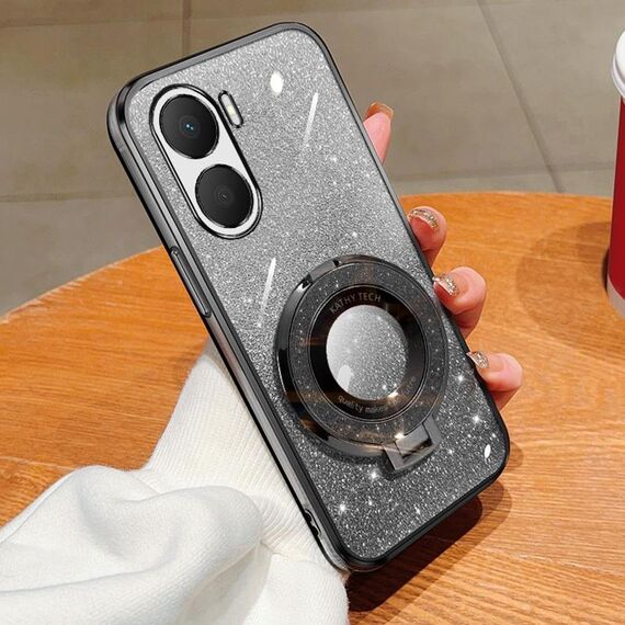 Per Honor Play 40 Plus Custodia per telefono in TPU con supporto rotondo sfumato glitterato placcato (nero)