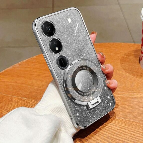 Custodia per telefono in TPU con supporto rotondo glitterato sfumato placcato per Honor Play 40 (argento)