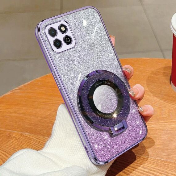Custodia per telefono in TPU con supporto rotondo glitterato sfumato placcato per Honor Play 20 (viola)