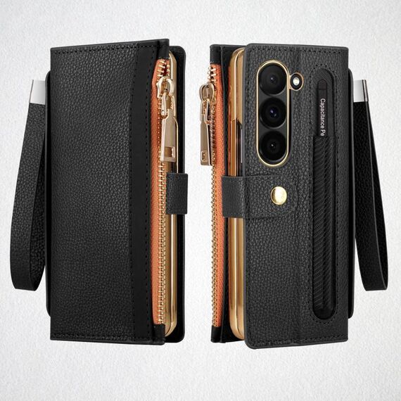 Per Samsung Galaxy Z Fold5 VIETAO RFID Portafoglio Custodia in Pelle per Telefono con Cinturino da Polso (Nero)