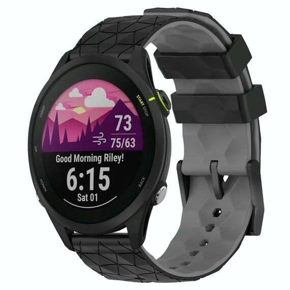 Per Garmin Forerunner 255 Music 22mm Cinturino per orologio in silicone bicolore con motivo a calcio (nero + grigio)