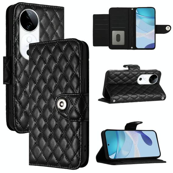 Per vivo S19 Custodia per telefono in pelle con texture rombica e cordino (nero)