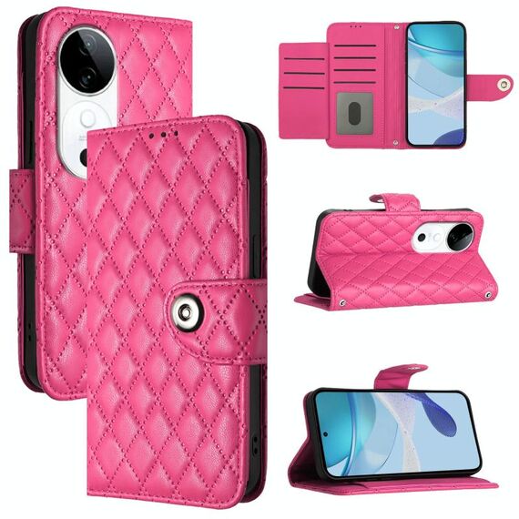 Per vivo S19 Custodia per telefono in pelle con texture rombica con cordino (rosso rosa)