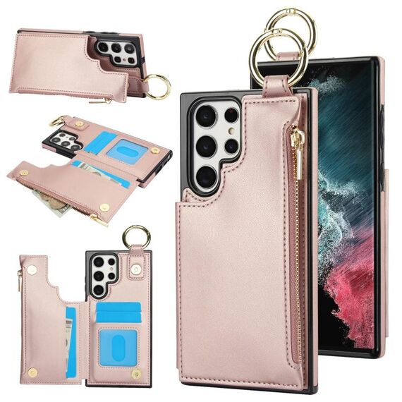 Per Samsung Galaxy S22 Ultra 5G RFlD Custodia antifurto con cerniera a doppia fibbia e anello per carte di credito (oro rosa)