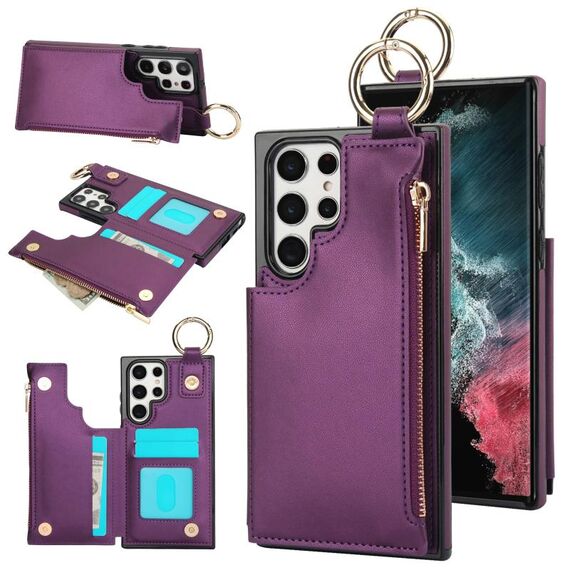 Per Samsung Galaxy S22 Ultra 5G RFlD Custodia antifurto con cerniera a doppia fibbia e anello per telefono cellulare (viola scuro)
