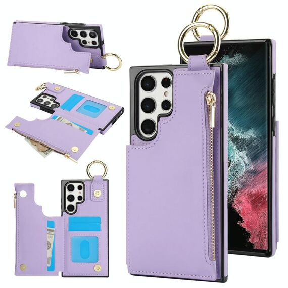 Per Samsung Galaxy S22 Ultra 5G RFlD Custodia antifurto con cerniera a doppia fibbia e anello per telefono cellulare (viola)