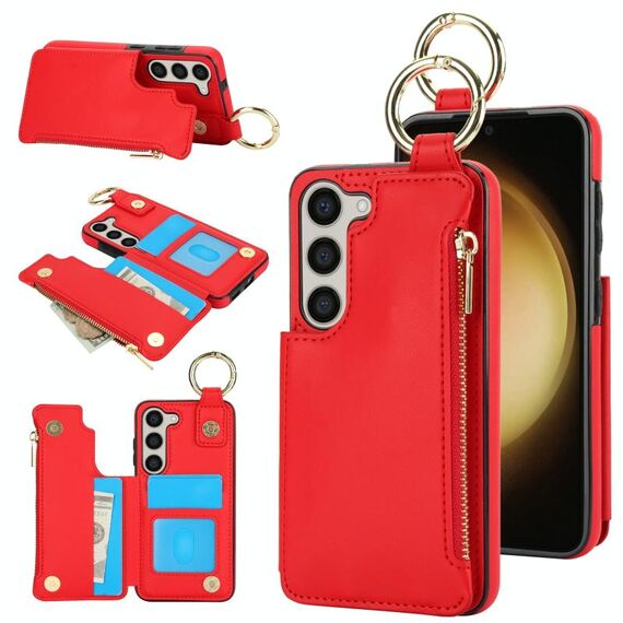 Per Samsung Galaxy S23 5G RFlD Custodia antifurto con cerniera a doppia fibbia e anello per telefono cellulare (rosso)