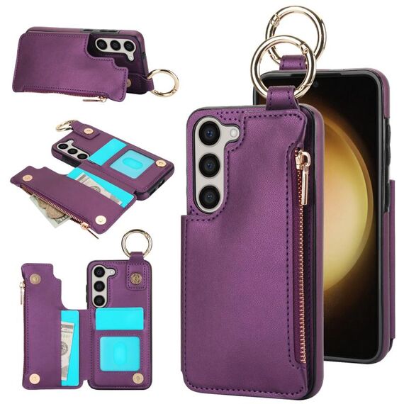 Per Samsung Galaxy S23 5G RFlD Custodia antifurto con cerniera a doppia fibbia e anello per telefono cellulare (viola scuro)