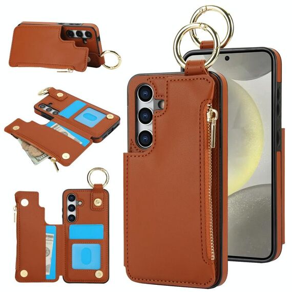 Per Samsung Galaxy S24 5G RFlD Custodia antifurto con cerniera a doppia fibbia e anello per telefono cellulare (marrone)