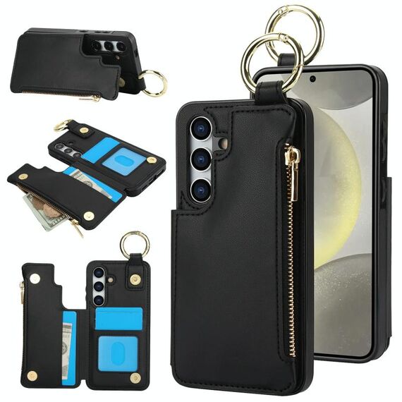 Per Samsung Galaxy S24+ 5G RFlD Custodia antifurto con cerniera a doppia fibbia e anello per carte di credito (nero)