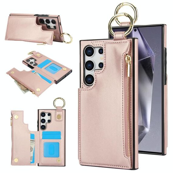 Per Samsung Galaxy S24 Ultra 5G RFlD Custodia antifurto con cerniera a doppia fibbia e anello per carte di credito (oro rosa)
