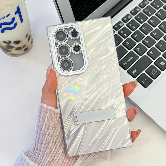 Per Samsung Galaxy S24 Ultra 5G Placcatura Glitter Texture Fold Holder Custodia in TPU con pellicola per lenti (increspature dell'acqua bianca)