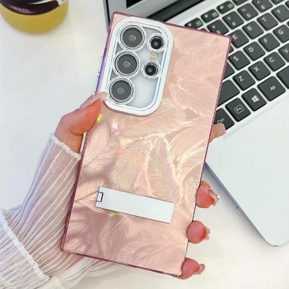 Per Samsung Galaxy S24 Ultra 5G Placcatura Glitter Texture Fold Holder Custodia in TPU con pellicola per lenti (Piume rosa)