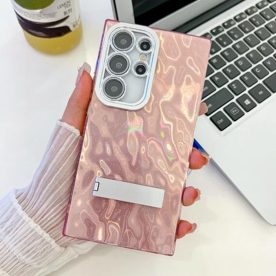 Per Samsung Galaxy S24 Ultra 5G Plating Glitter Texture Fold Holder TPU Custodia per telefono con pellicola per lenti (grinze rosa)