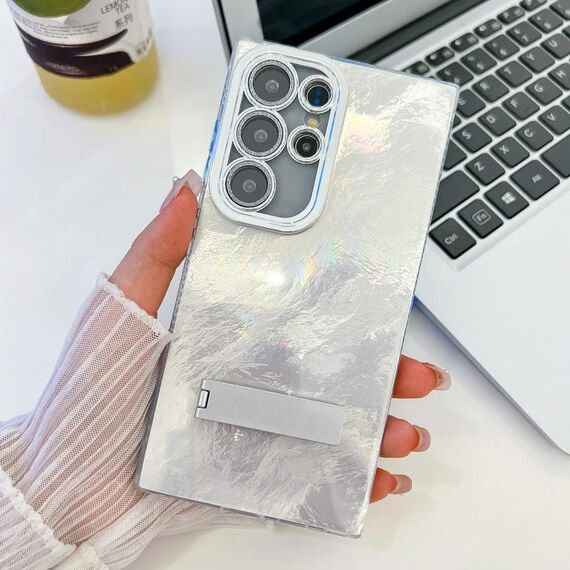 Per Samsung Galaxy S24 Ultra 5G Plating Glitter Texture Fold Holder Custodia per telefono in TPU con pellicola per lenti (Texture in stagnola bianca)