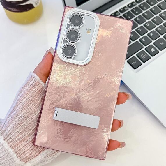 Per Samsung Galaxy S24+ 5G Plating Glitter Texture Fold Holder Custodia per telefono in TPU con pellicola per lenti (Texture in stagnola rosa)