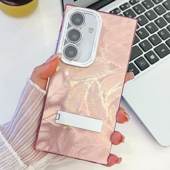 Per Samsung Galaxy S24 5G placcatura glitter texture pieghevole supporto TPU custodia per telefono con pellicola per lenti (piume rosa)