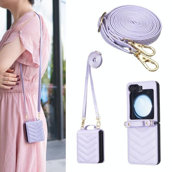 Per Samsung Galaxy Z Flip6 Custodia per telefono in pelle con cordino a forma di onda (viola)