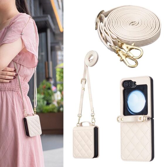 Per Samsung Galaxy Z Flip6 Custodia per telefono in pelle con cordino a forma di rombo (beige)